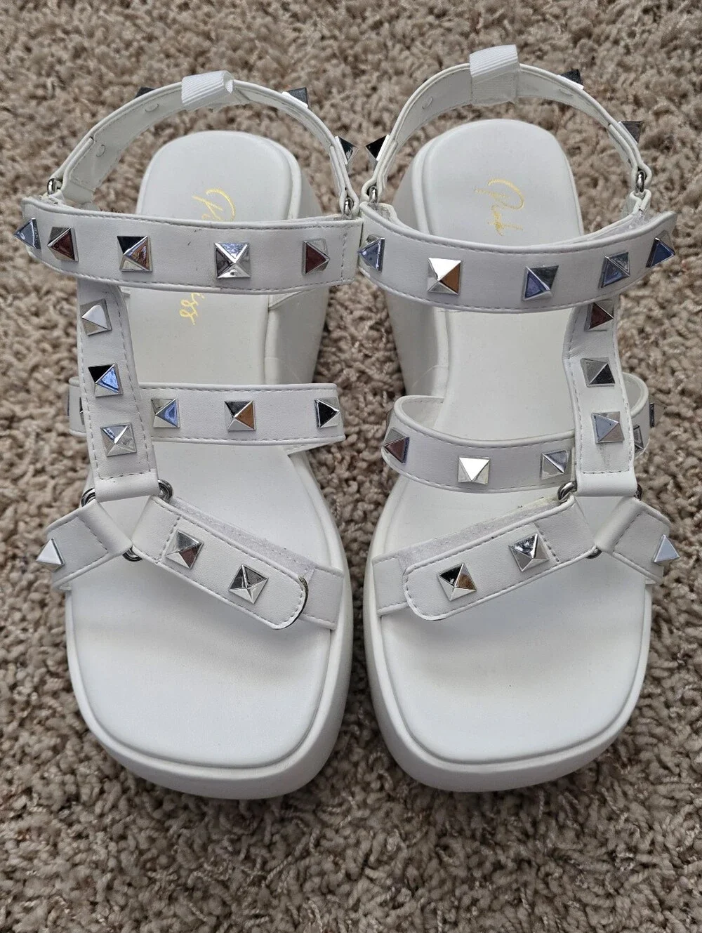 Pink Kiss Frankie White Studded Platform Velcro Sandals - women's 7